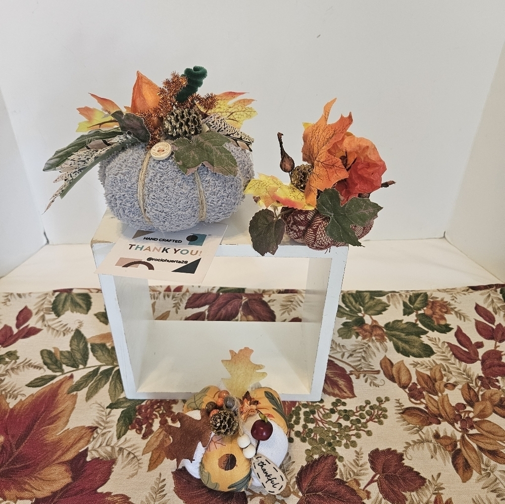 Hand Crafted Fabric Pumkins trio holiday decor harvest motif fall handmade art - Picture 15 of 16